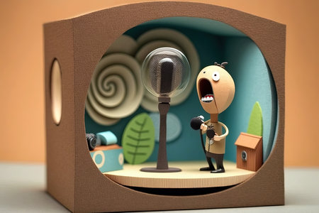 Speaker at Business convention and Presentation ,An illustrated storybook imitation in which everything is made of cardboard with illustrated storybooks.Generative Aiの素材