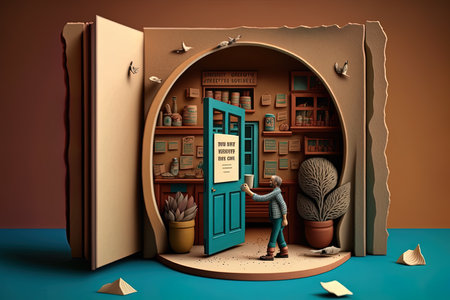 Small business owner at entrance looking at camera  , An illustrated storybook imitation in which everything is made of cardboard with illustrated storybooks.Generative Aiの素材