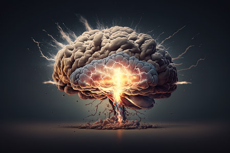 A human brain explodes with knowledge and creativity, scattering golden flakes that shimmer and sparkle in all directions, representing diverse ideas and inspiration, Generative Aiの素材