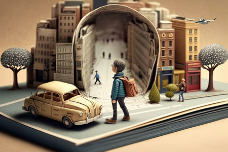 Fun, friends, travel and tourism concept. Handsome boy  looking for direction in the city, An illustrated storybook imitation in which everything is made of cardboard with illustrated storybooks.Generative Aiの素材