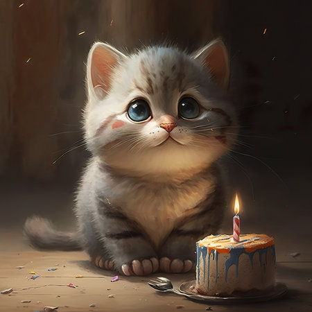 Cute little animal blowing out candles on his birthday cake,3D cartoon, Generative Aiの素材