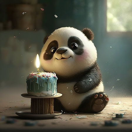 Cute little animal blowing out candles on his birthday cake,3D cartoon, Generative Aiの素材