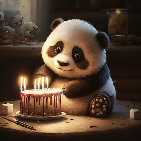 Cute little animal blowing out candles on his birthday cake,3D cartoon, Generative Aiの素材