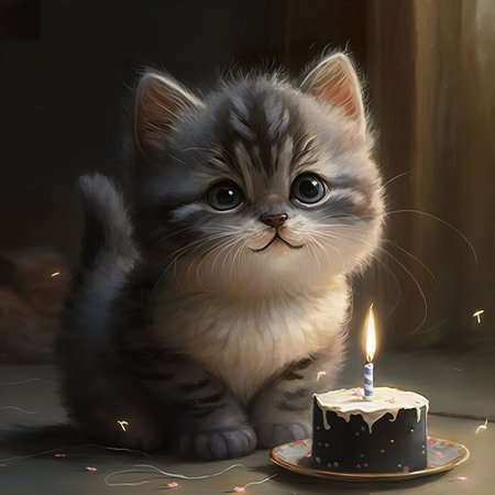 Cute little animal blowing out candles on his birthday cake,3D cartoon, Generative Aiの素材