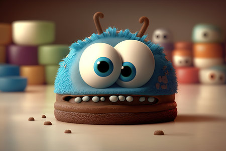 A sweet little monster blows out the candles on his birthday cake. 3D  cartoon, Generative Aiの素材