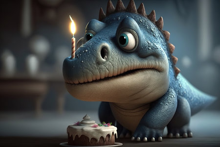 Cute little Dino blowing out candles on his birthday cake,3D cartoon, Generative Aiの素材