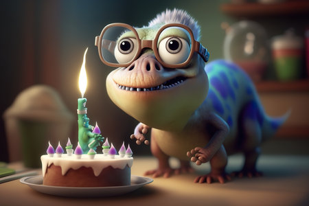 Cute little Dino blowing out candles on his birthday cake,3D cartoon, Generative Aiの素材
