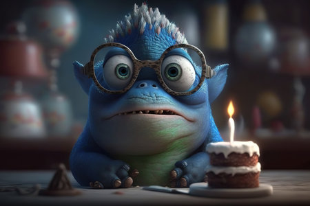 Cute little Dino blowing out candles on his birthday cake,3D cartoon, Generative Aiの素材