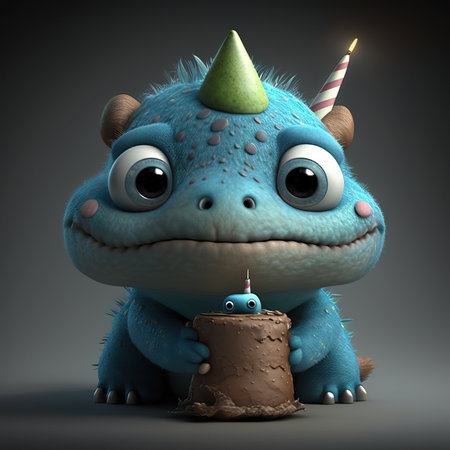 Cute little Dino blowing out candles on his birthday cake,3D cartoon, Generative Aiの素材