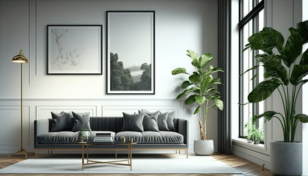 nice cozy living room , for poster mock-up with white wall, modern white home, minimalism, indoor, green plants in the corners, widescreen picture, Generative Aiの素材