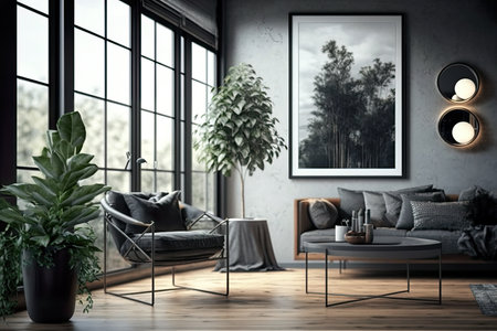nice cozy living room , for poster mock-up with white wall, modern white home, minimalism, indoor, green plants in the corners, widescreen picture, Generative Aiの素材