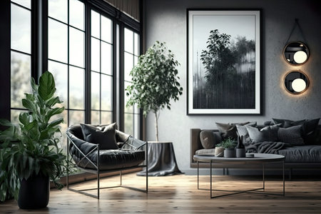 Interior of modern living room with gray walls, wooden floor, comfortable gray sofa and round coffee table. 3d renderingの素材