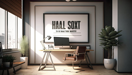 nice cozy living room , for poster mock-up with white wall, modern white home, minimalism, indoor, green plants in the corners, widescreen picture, Generative Aiの素材