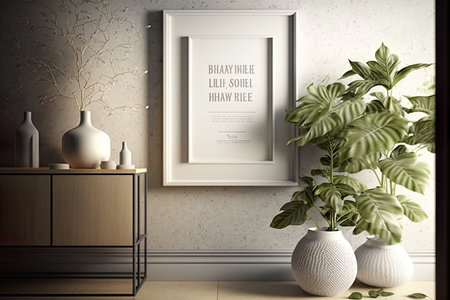 nice cozy living room , for poster mock-up with white wall, modern white home, minimalism, indoor, green plants in the corners, widescreen picture, Generative Aiの素材