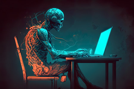 A person is working on their laptop, specifically doing paperwork which typically involves filling out digital forms or documents. They may be typing, clicking on various fields, and occasionally pausing to review information or refer to other sources. They may be sitting at a desk or table, possibly with other work-related materials nearby.の素材