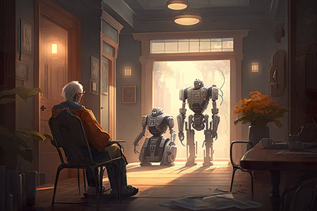 Friendly-looking robots assist the elderly in looking and feeling good. In the future, technology is used to see the elderly, Generative Aiの素材