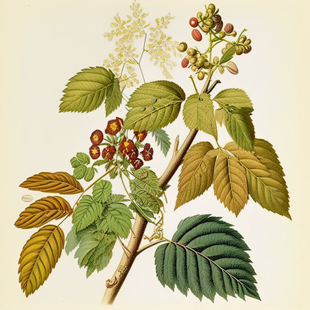 illustration of botanical argument white background, A botanical illustration featuring plants and flowers, set against a white background that highlights their intricate details and natural beauty, Generative Aiの素材