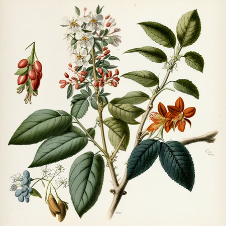 illustration of botanical argument white background, A botanical illustration featuring plants and flowers, set against a white background that highlights their intricate details and natural beauty, Generative Aiの素材