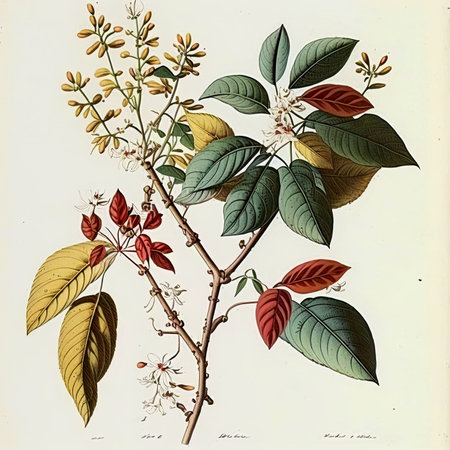 illustration of botanical argument white background, A botanical illustration featuring plants and flowers, set against a white background that highlights their intricate details and natural beauty, Generative Aiの素材