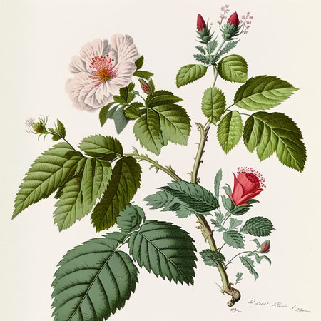 illustration of botanical argument white background, A botanical illustration featuring plants and flowers, set against a white background that highlights their intricate details and natural beauty, Generative Aiの素材
