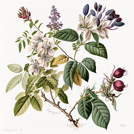 illustration of botanical argument white background, A botanical illustration featuring plants and flowers, set against a white background that highlights their intricate details and natural beauty, Generative Aiの素材