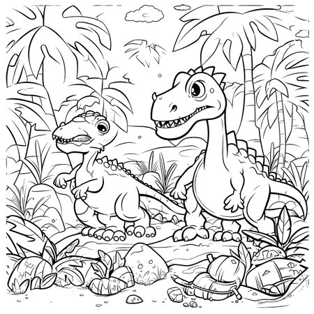 Dinosaurs,Black and white coloring pages for kids, simple lines, cartoon style, happy, cute, funny, many things in the world.のイラスト素材