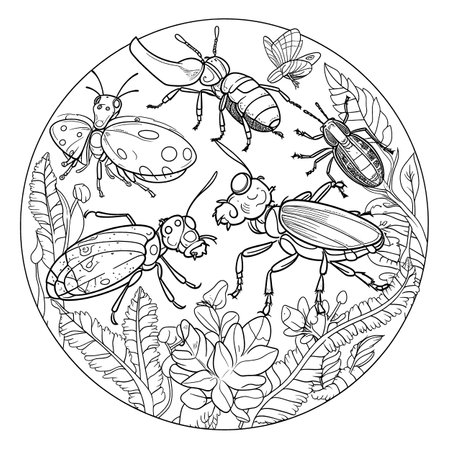 Insect , Black and white coloring pages for kids, simple lines, cartoon style, happy, cute, funny, many things in the world.のイラスト素材