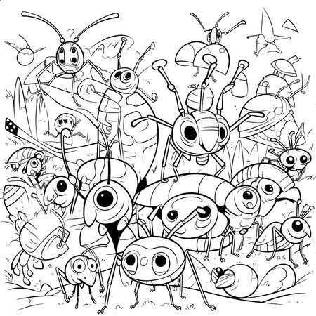 Insect , Black and white coloring pages for kids, simple lines, cartoon style, happy, cute, funny, many things in the world.のイラスト素材