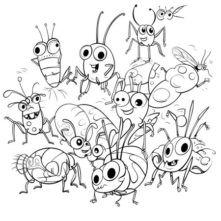 Insect , Black and white coloring pages for kids, simple lines, cartoon style, happy, cute, funny, many things in the world.のイラスト素材