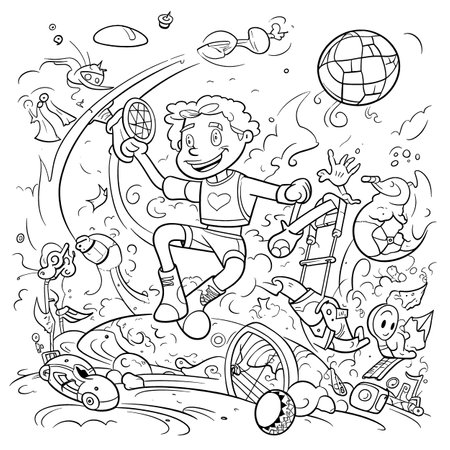 Sport,Black and white coloring pages for kids, simple lines, cartoon style, happy, cute, funny, many things in the world.のイラスト素材