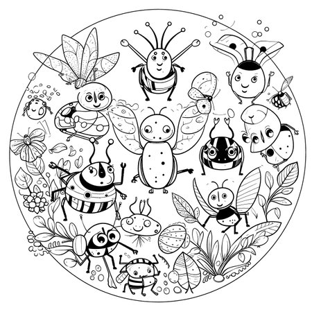 Insect , Black and white coloring pages for kids, simple lines, cartoon style, happy, cute, funny, many things in the world.のイラスト素材