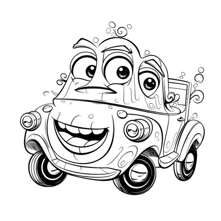 Black and white illustration of a funny cartoon car with a smiling faceのイラスト素材