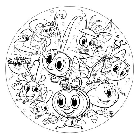 Insect , Black and white coloring pages for kids, simple lines, cartoon style, happy, cute, funny, many things in the world.のイラスト素材
