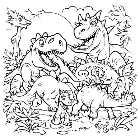 Dinosaurs,Black and white coloring pages for kids, simple lines, cartoon style, happy, cute, funny, many things in the world.のイラスト素材