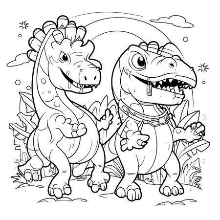 Dinosaurs,Black and white coloring pages for kids, simple lines, cartoon style, happy, cute, funny, many things in the world.のイラスト素材