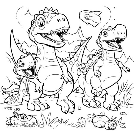 Dinosaurs,Black and white coloring pages for kids, simple lines, cartoon style, happy, cute, funny, many things in the world.のイラスト素材