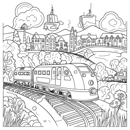 Train on the railroad. Coloring book for adults. Vector illustration.のイラスト素材