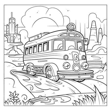 Coloring book for children: school bus on the road in the cityのイラスト素材