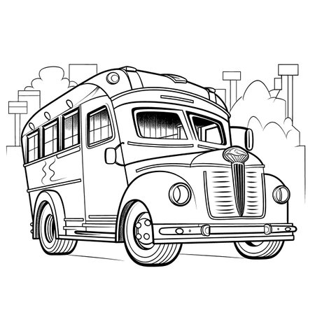 Vintage school bus on the city street. Hand drawn vector illustration.のイラスト素材