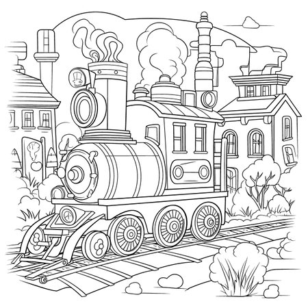 Steam locomotive on the railway. Coloring book for adults.のイラスト素材