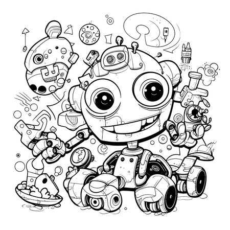 Robot,Black and white coloring pages for kids, simple lines, cartoon style, happy, cute, funny, many things in the world.のイラスト素材