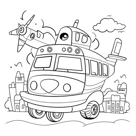 Coloring book for children: funny plane in the city. Vector illustration.のイラスト素材
