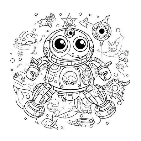 Robot,Black and white coloring pages for kids, simple lines, cartoon style, happy, cute, funny, many things in the world.のイラスト素材