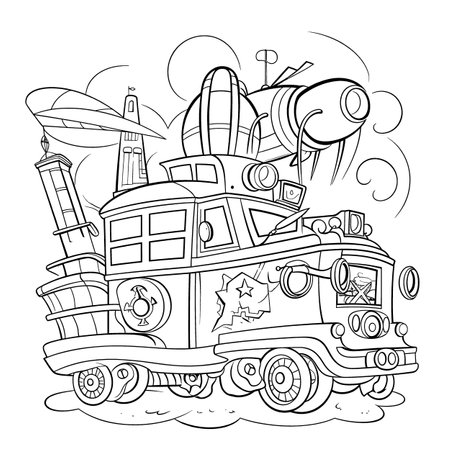 Cartoon steam locomotive. Black and white illustration for coloring bookのイラスト素材