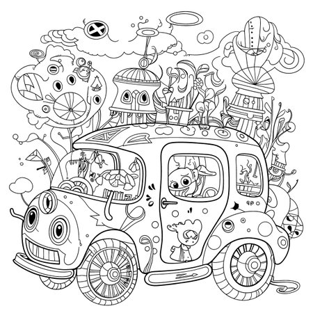 Cute cartoon car. Vector illustration for adult coloring book page.のイラスト素材