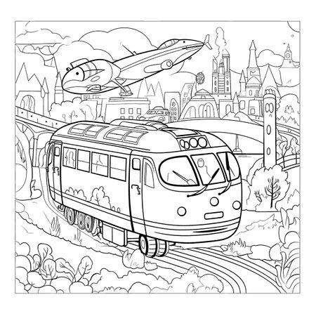 Train on the background of the city. Coloring book for children.のイラスト素材