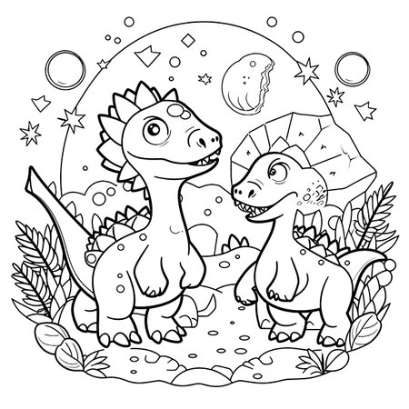 Dinosaurs,Black and white coloring pages for kids, simple lines, cartoon style, happy, cute, funny, many things in the world.のイラスト素材