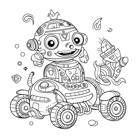 Robot,Black and white coloring pages for kids, simple lines, cartoon style, happy, cute, funny, many things in the world.のイラスト素材