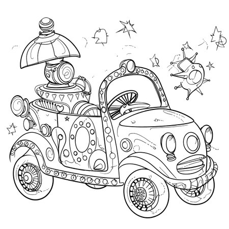 Hand drawn vector illustration of a retro car. Coloring book for adults.のイラスト素材