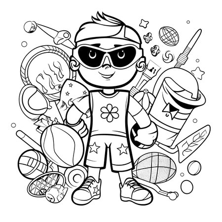 Sport,Black and white coloring pages for kids, simple lines, cartoon style, happy, cute, funny, many things in the world.のイラスト素材